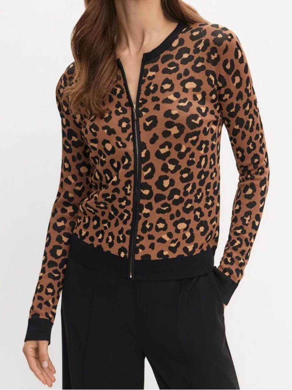Melanie Lyne Leopard Print Knit Zip Cardigan - Size Small